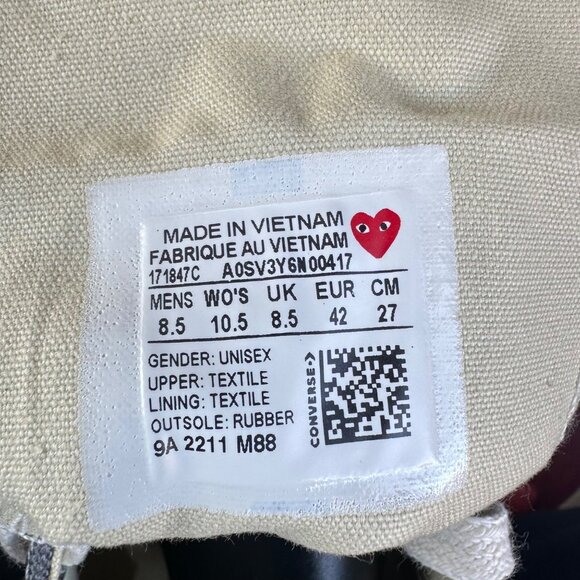 Comme Des Garçons Play Hearts Converse Chuck 70 Hi Women Shoes 10.5 Gray 171847C - Picture 9 of 11